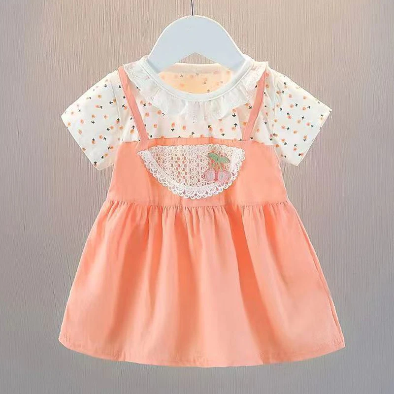 Summer Baby Girl Dress Embroidery Cherry Kid Girl Clothes Lace Collar Fashion Mini Dress Princess Party Costume 0-4Y Baby A1200