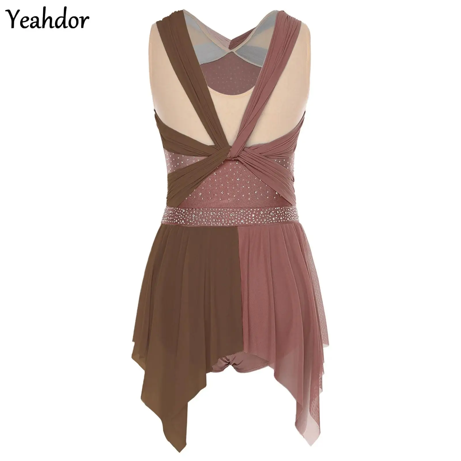 

Womens Rhinestone Lyrical Dance Dress Color Block Mesh Ruched Twisted Knot Irregular Sleeveless Leotard Dress Dancewear