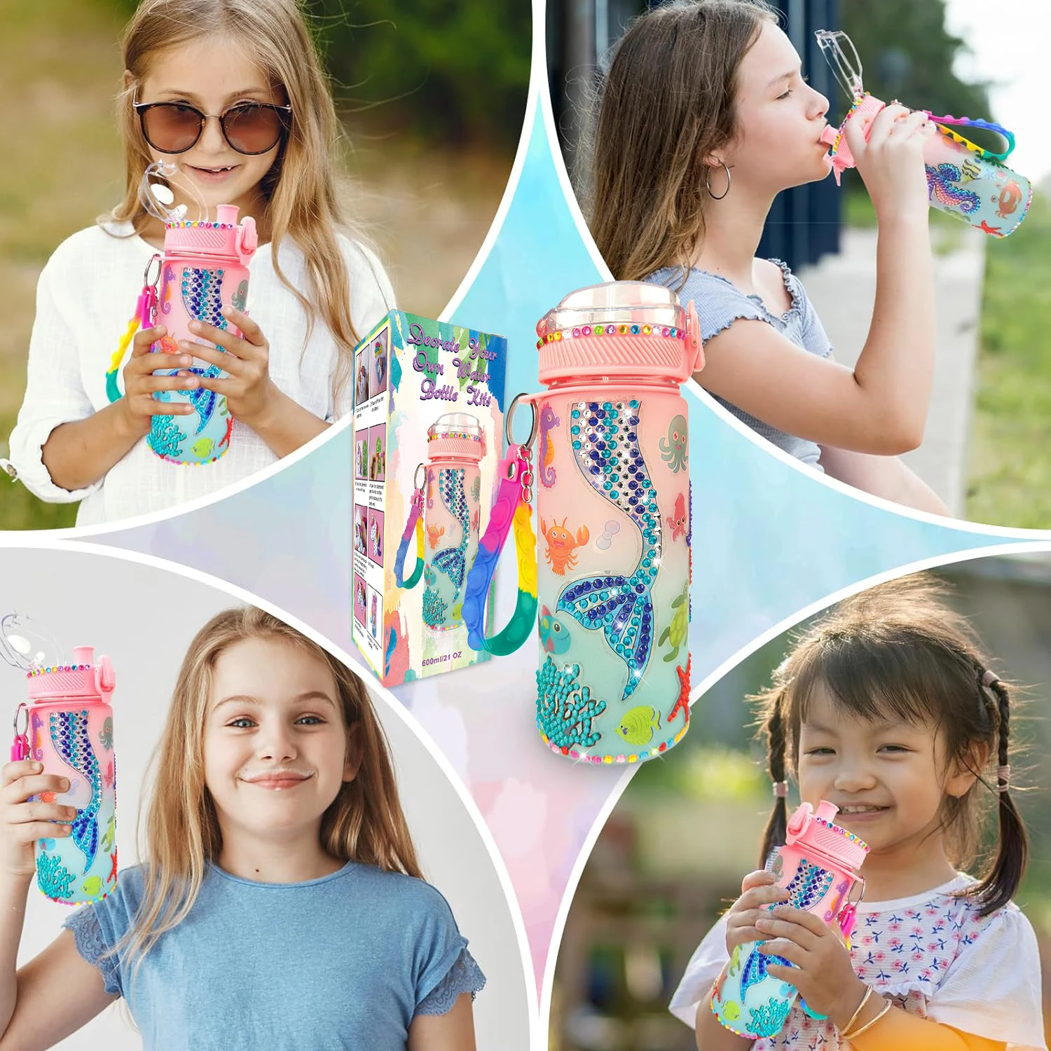 Decorate Your Own Water Bottle Kits for Girls Age 4-6-8-10,Mermaid Painting Crafts,Fun Arts and Crafts Gifts Toys for Girls Birt
