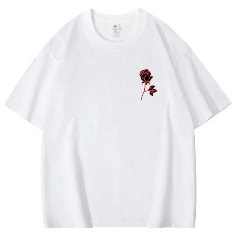 New Simple Rose Print 100% Cotton T Shirts Women Men Casual Round Neck Tees Top Summer Cool Loose Short Sleeve Unisex Fun Tee