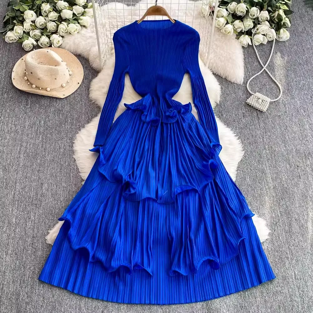 Elegant Oversized Long Sleeve Pleated Draped Women O-Neck Ruffles High Sretch Party Robe Vestidos Ladies Spring Summer Clothing