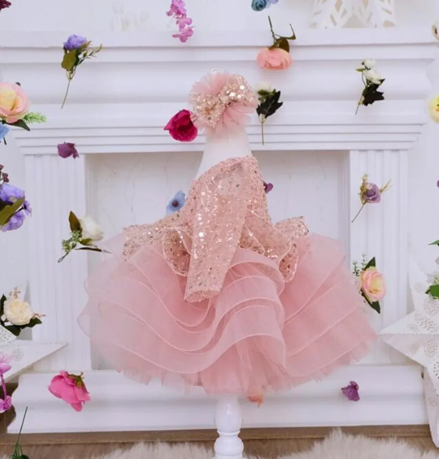 Rosa Geburtstags kleid für Kleinkind Tutu Pailletten Blumen mädchen Kleid Langarm funkelnden Ballkleid