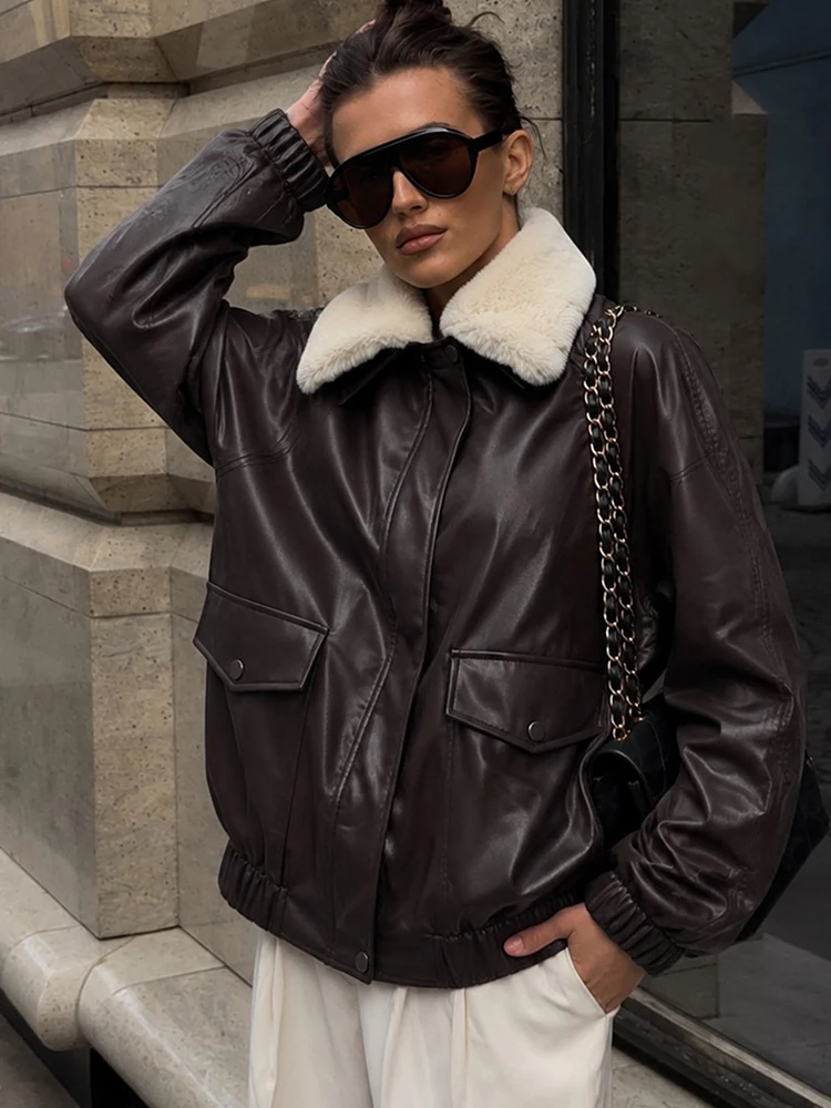Women Faux Leather Bomber Jacket Furry Fur Collar Oversized Zip Up Coat Pockets Loose Winter Outerwear Motorcycle Biker Jacket