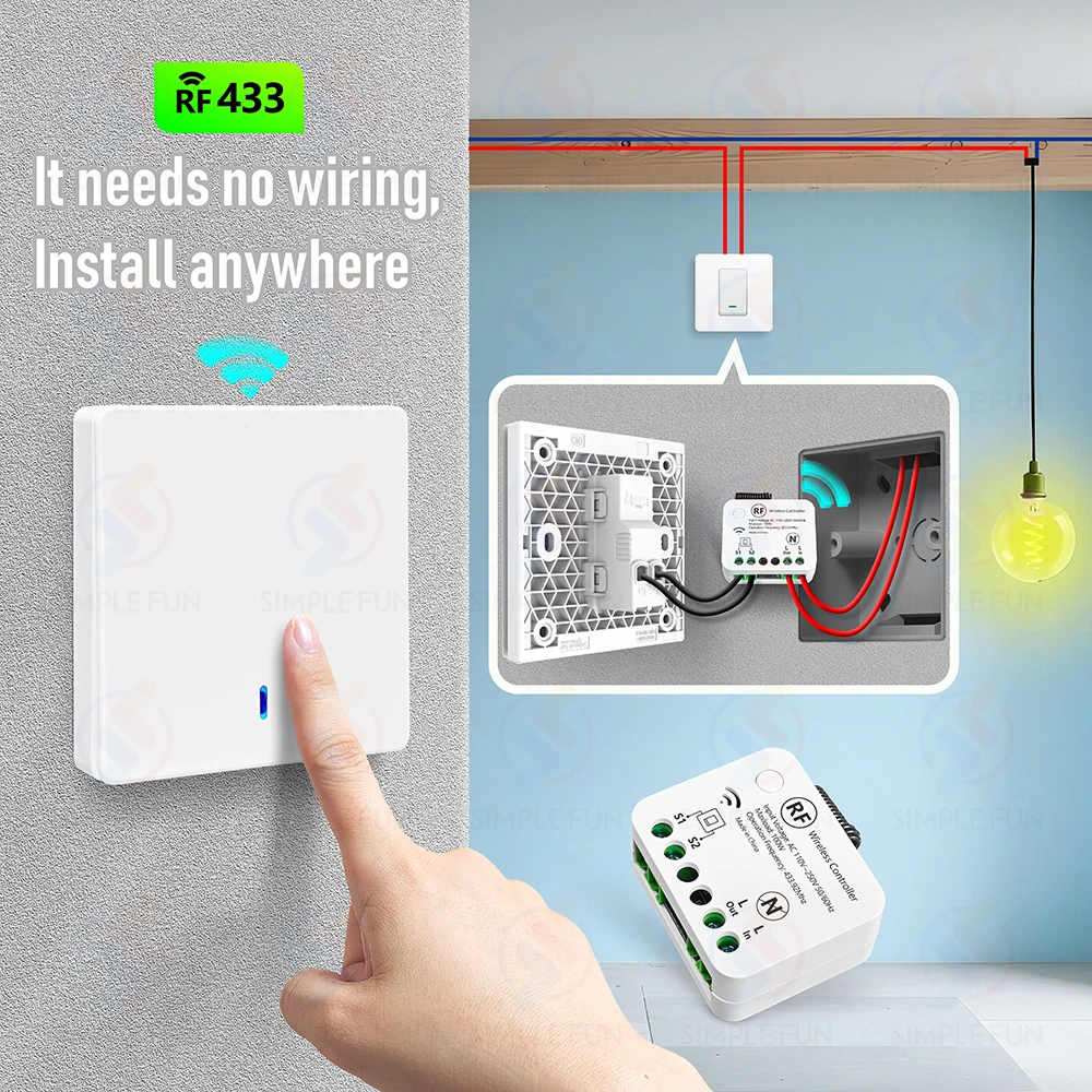 433MHZ Mini Remote Control Light Switch No Neutral Wire Required AC 110V~250V Single Live Wire RF Relay Wireless 86 Panel Switch