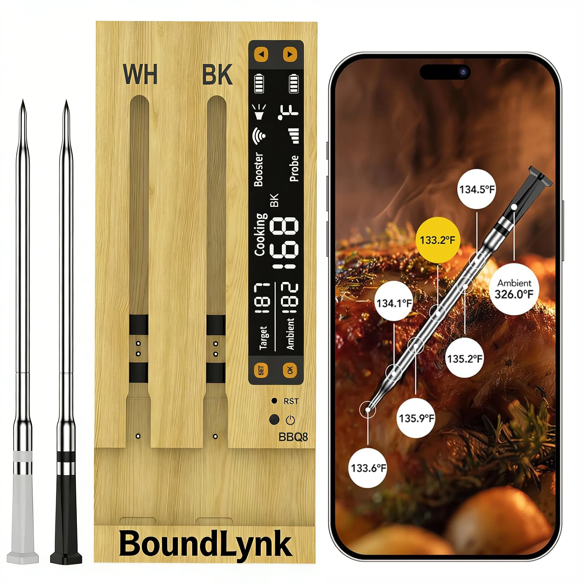 BoundLynk WiFi Sub-1G Wireless Meat Thermometer 2 Temp Monitoring Ways Digital Smart Base and App for BBQ, Smoker, Grill, Oven