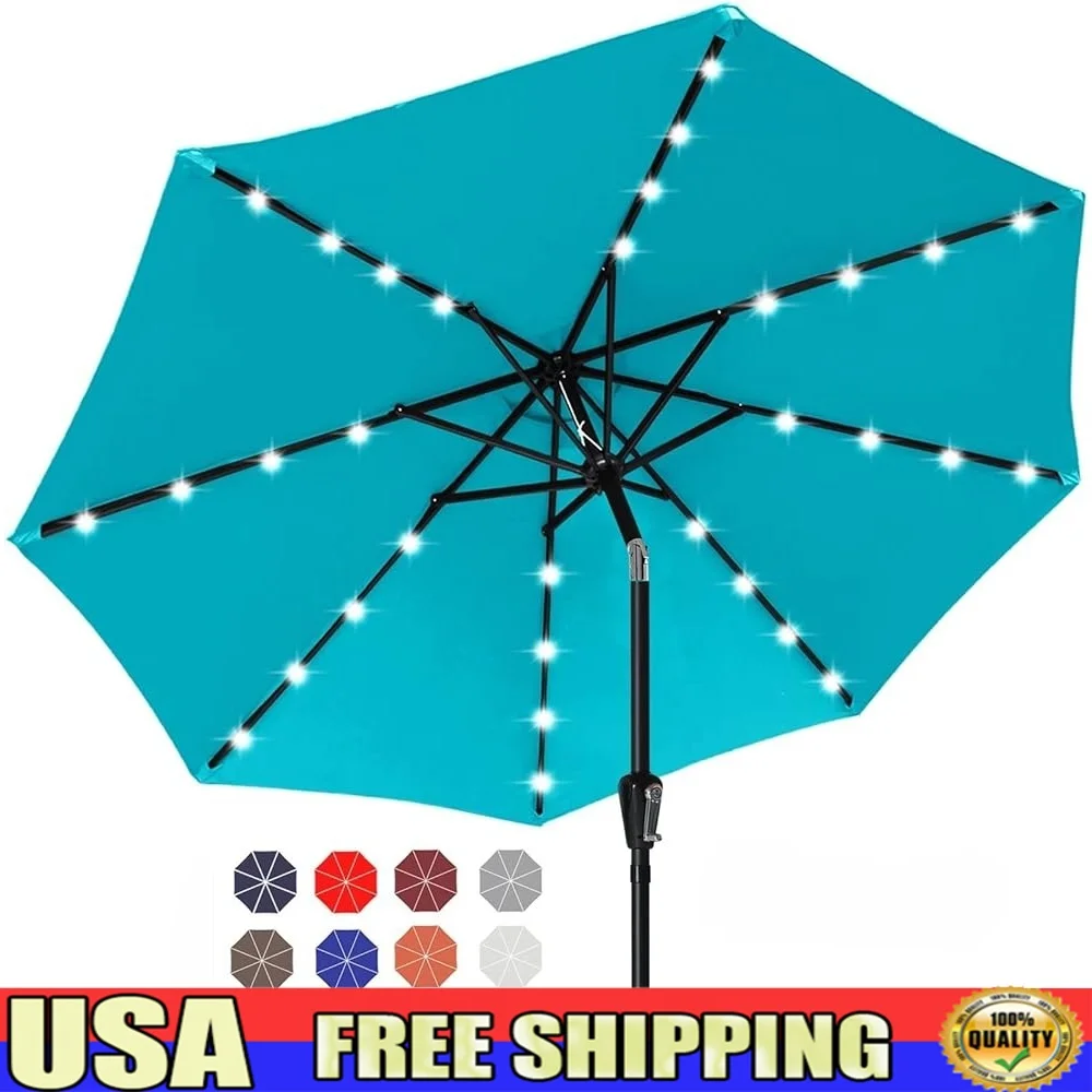 

Durable Solar Powered Umbrella with 32 LED Lights Crank Open Tilt Feature Aluminum Frame Waterproof Garden Patio Shade