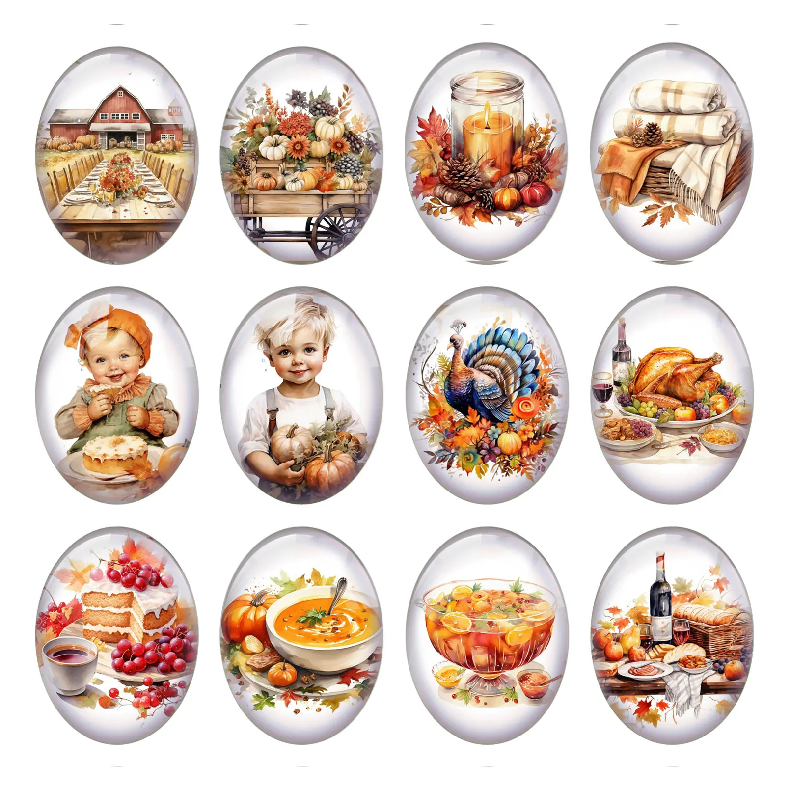 10pcs/lot Autumn Fall Thanksgiving Oval Photo Glass Cabochon Farm House Flatback Charms Demo Cameo For Diy Jewelry Making