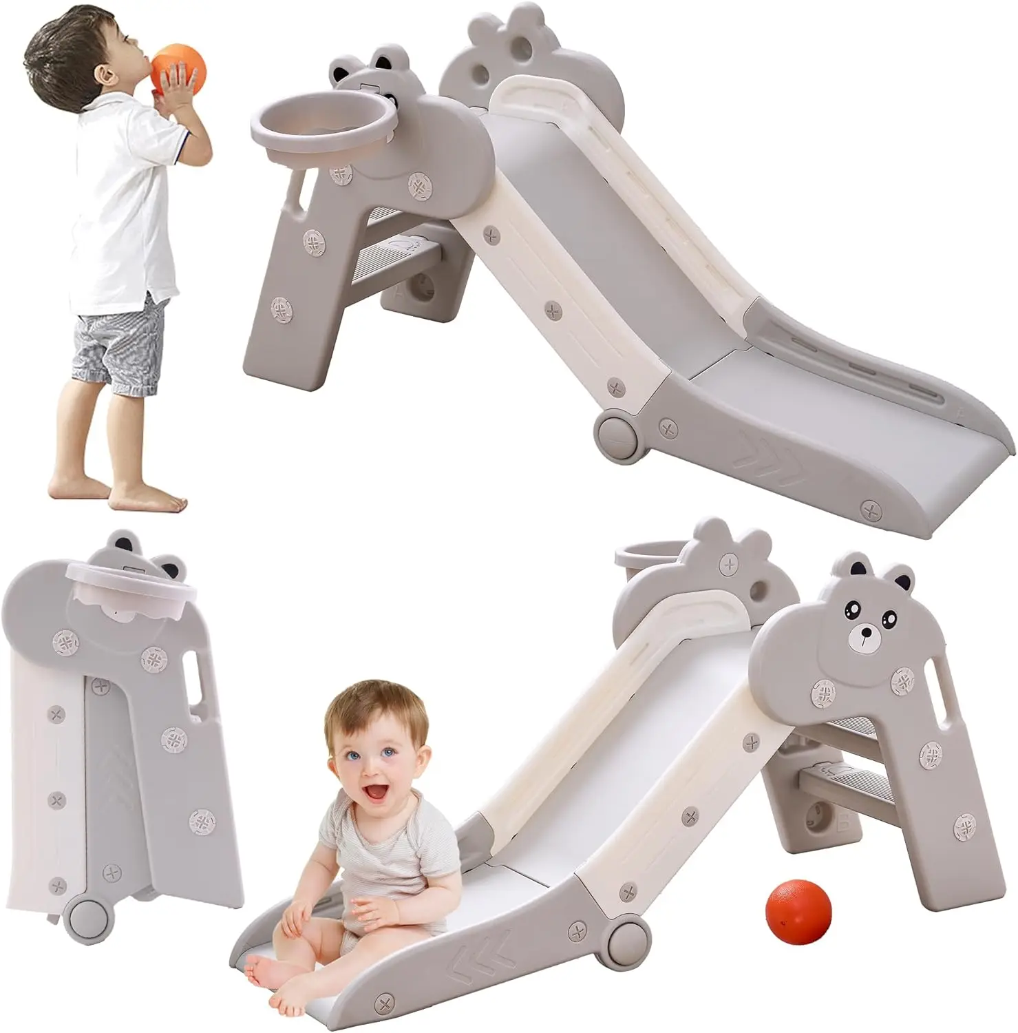 Tobogán plegable para niños pequeños, tobogán de plástico para juegos de interior para bebés con aro de baloncesto y pelota
