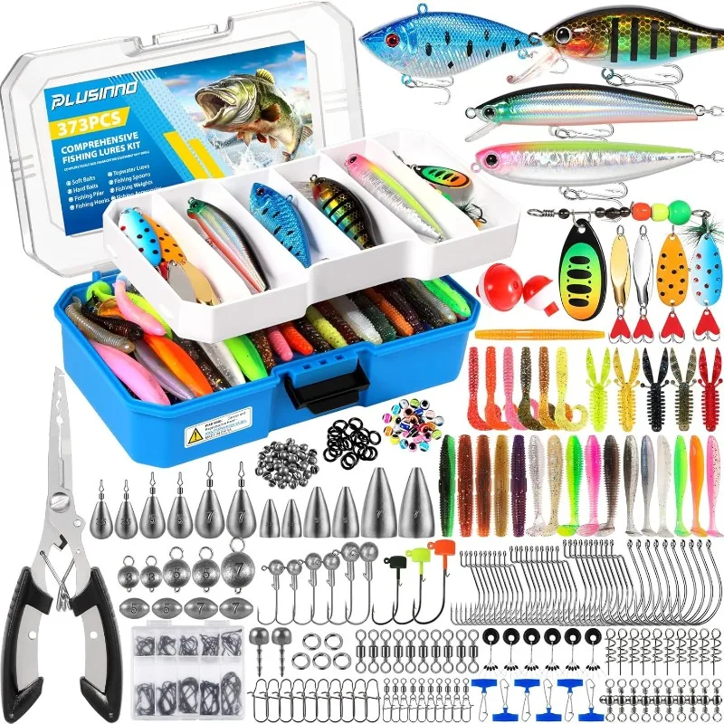 

PLUSINNO Fishing Tackle Box with Tackle Included, 373PCS Fishing Lures Kit with Removable Tray, Fishing Gear with Pliers, Weight