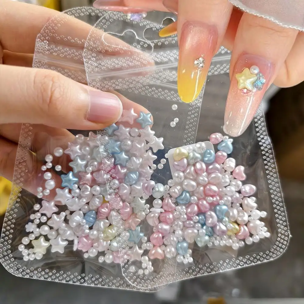 50Pcs Pearlescent Candy Color Star Heart Nail Charms Macaron  Love Pentagram White Pearl Nails Art Decorations Y2K Manicure Part
