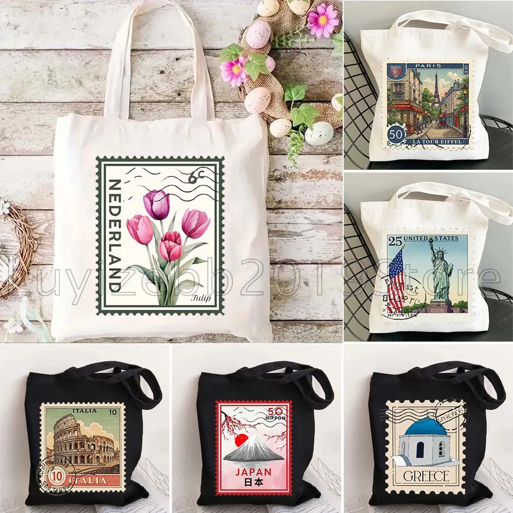 Retro Italy Rome Netherlands Paris New York Postage Stamp Post Stamps Gift Canvas Shoulder Tote Bag Handbag Shopping Grocery Bag