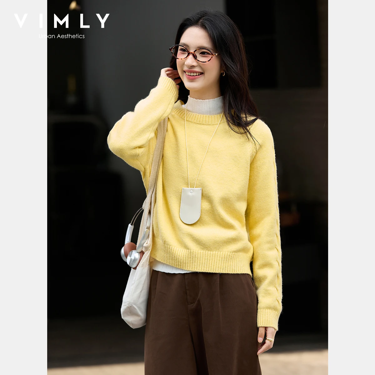VIMLY jaune pulls femme automne 2025 élégant col rond tricot dame pull décontracté col rond à manches longues femme pulls 75129