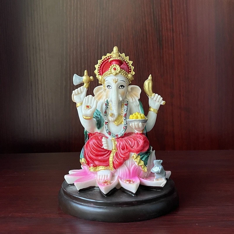 Hand-painted Ganesha Elephant God Statue, 11 cm Southeast-Asian Thai Resin Figurine, Hand-carved Religious Altar Decor