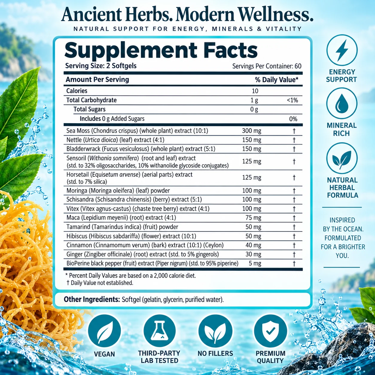 Sea Moss Softgels - Herbal Support for Everyday Vitality, Daily Wellness & Balanced Self-Care with Moringa and Nettle Leaf