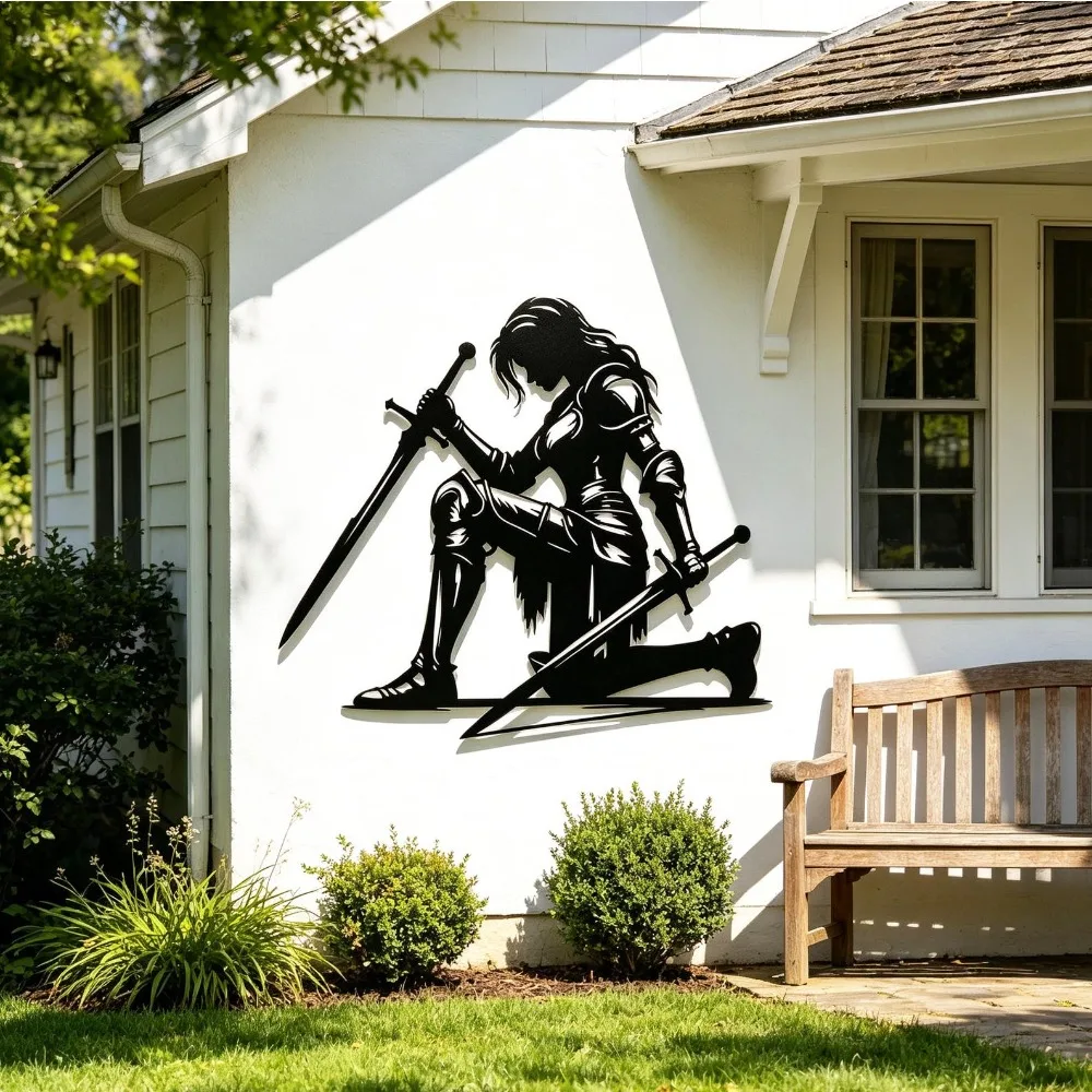 Kneeling Warrior Metal Wall Art, 2D Flat Laser Cut Gothic Medieval Silhouette Wall Sculpture, Dark Academia Retro Style