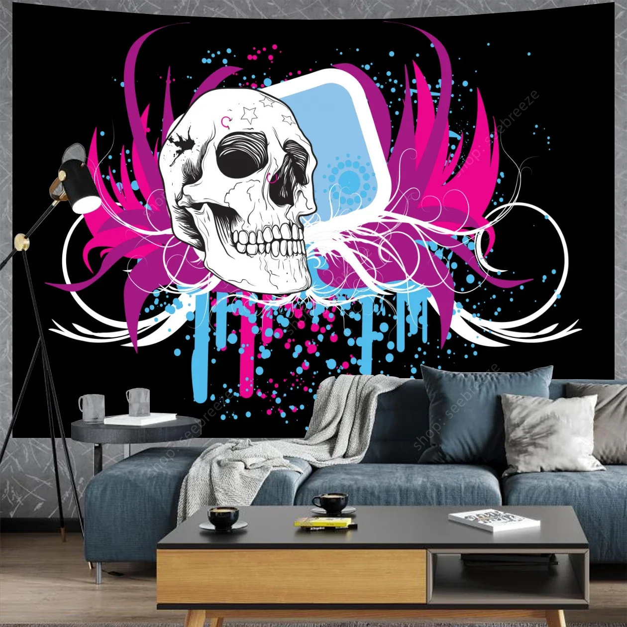 Skull Face Digital Art Tapestry Pink Illustration Vector Black Background Hippie Boho Aesthetic Room Decor Home Wall Decor