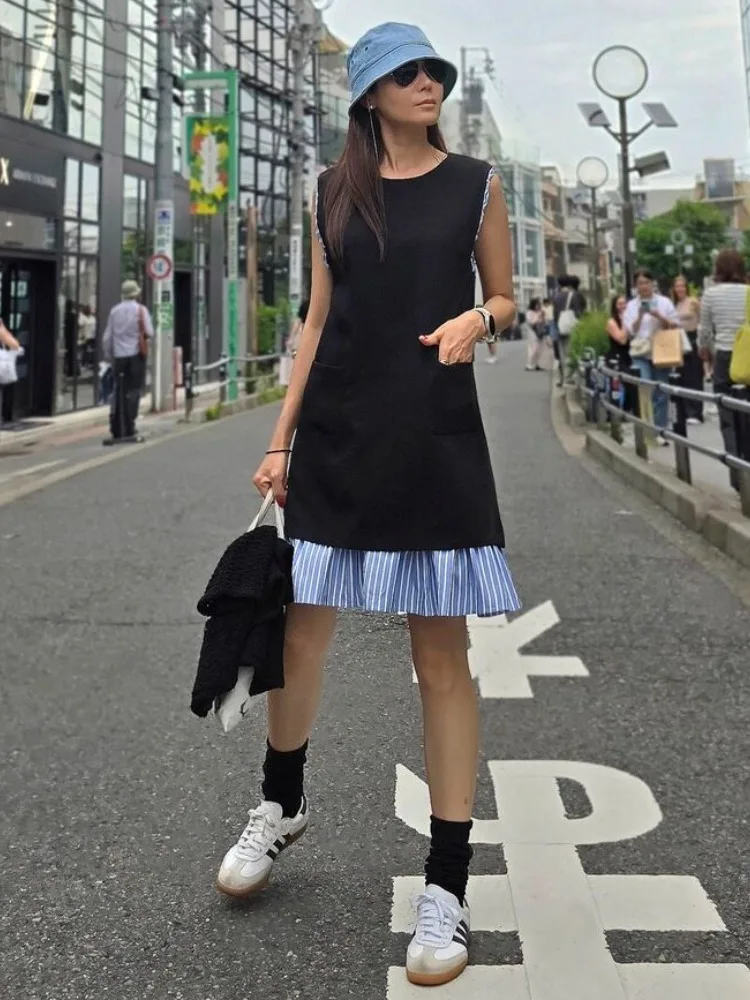 

Summer New Women's Loose ort Skirt Vest Dr Color Blo Stripe Hemline Fake Two-Piece Sle Comfortable Breathable Dr