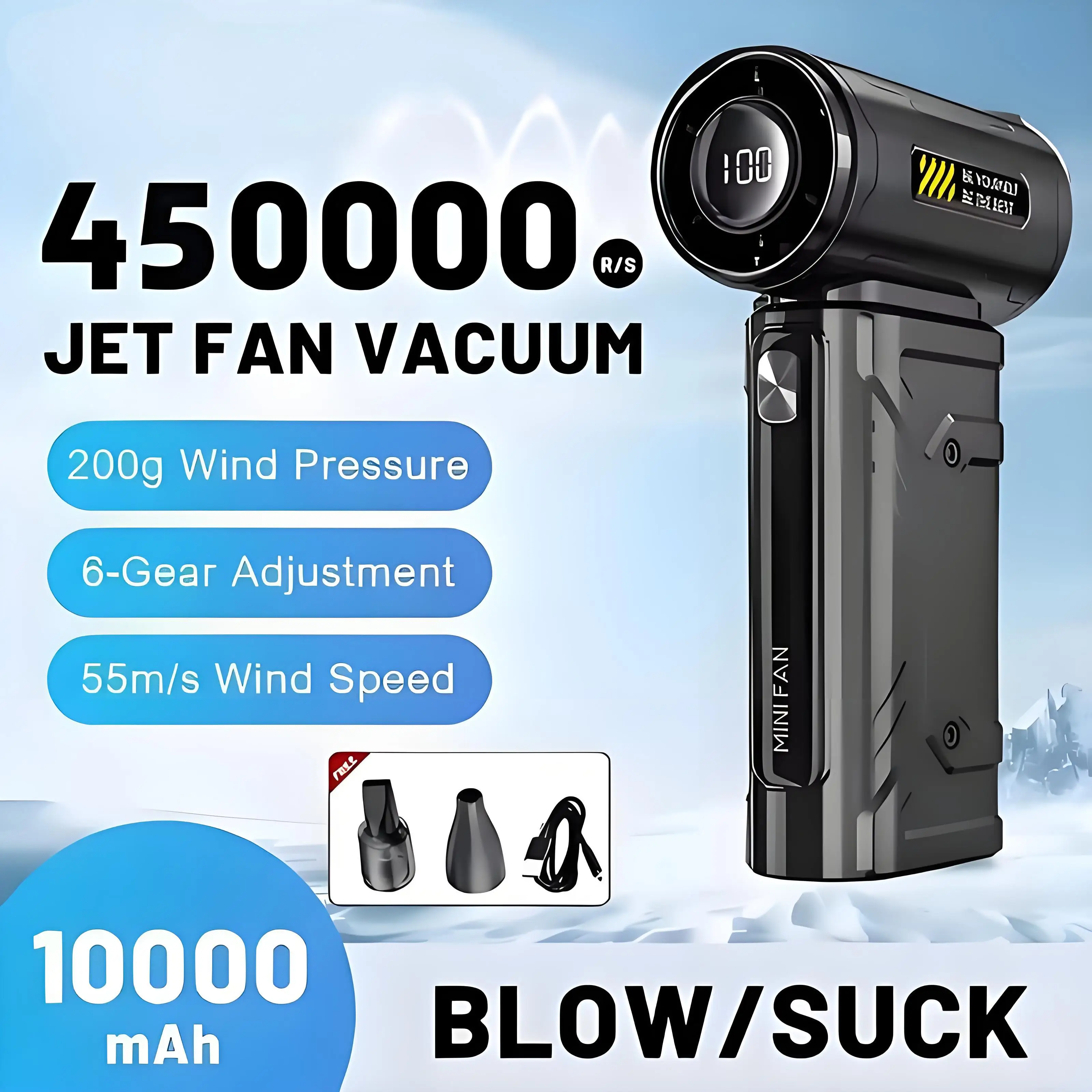 

Новинка 2025 года, 450000 об/мин, жестокий вентилятор, пылеуловитель, бесщеточный турбовентилятор, струйный аккумулятор, дисплей, высокоскоростной ручной мощный вентилятор, низкий уровень шума