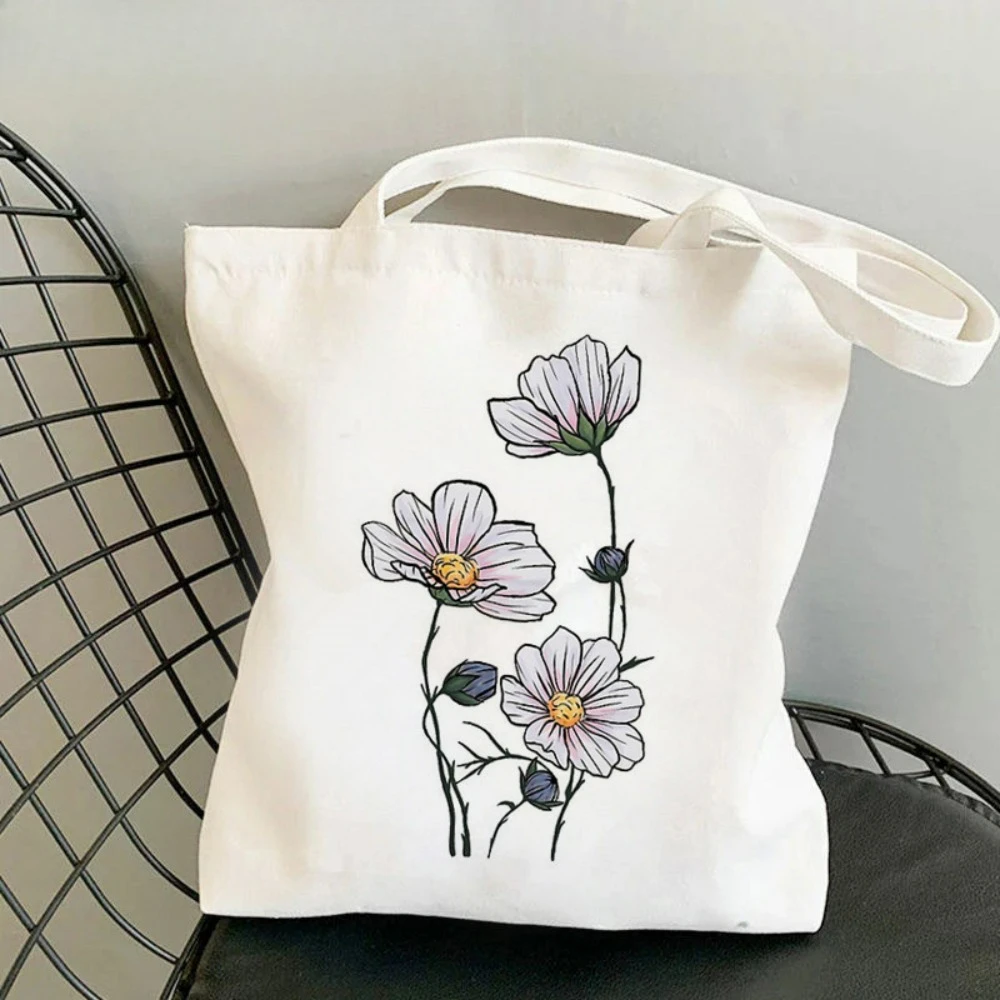 Wildflower Botanical Canvas Tote Bag, Vintage Floral Print Shoulder Bag, Aesthetic Handbag for Plant Lovers, Daily Use Gift