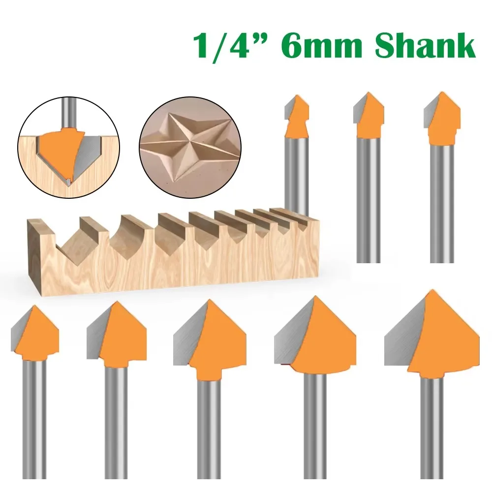 

1PC 1/4" 6.35MM 6MM Shank Milling Cutter Wood Carving 90 V Type Slotting Cutter Carving Grooving Tools router bit set Safety