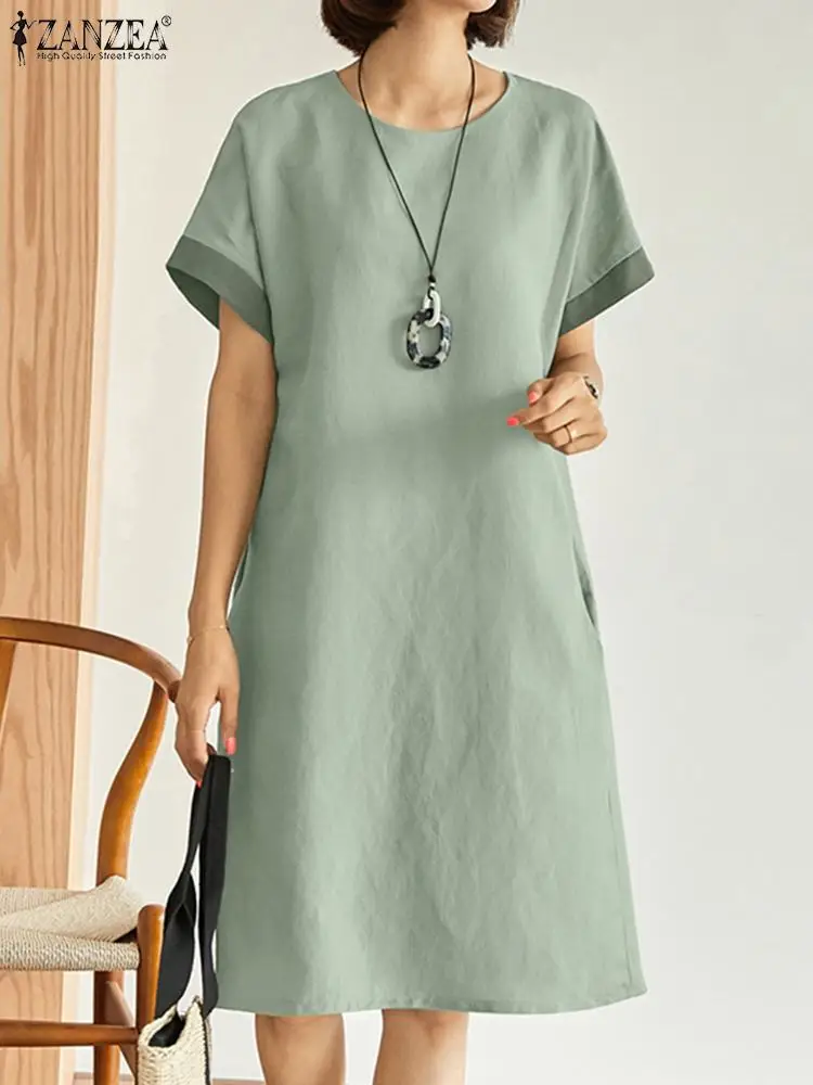 

2023 ZANZEA Elegant Sundress Fashion Women's Dresses Summer Causal Loose O Neck Dress Short Sleeved Knee Length Robe Vestidos