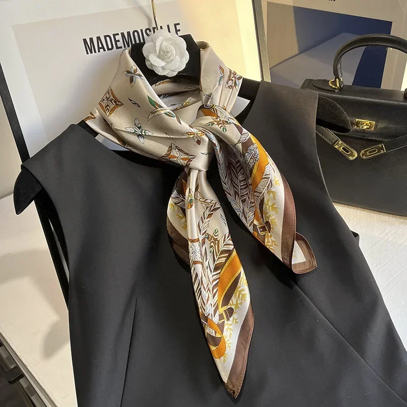 Khaki Feather Selling New 70 Square Scarf Fashion Style Silk Scarf Imitation Silk Square Scarf All Matching Thin Scarf