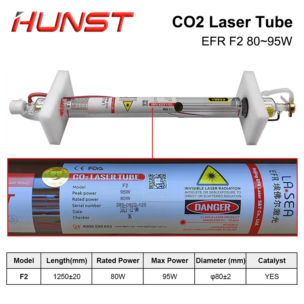 Tubo laser CO2 HUNST EFR F2 80W Diametro 80mm Lunghezza 1250mm Tubo laser adatto per macchina per incisione e taglio laser