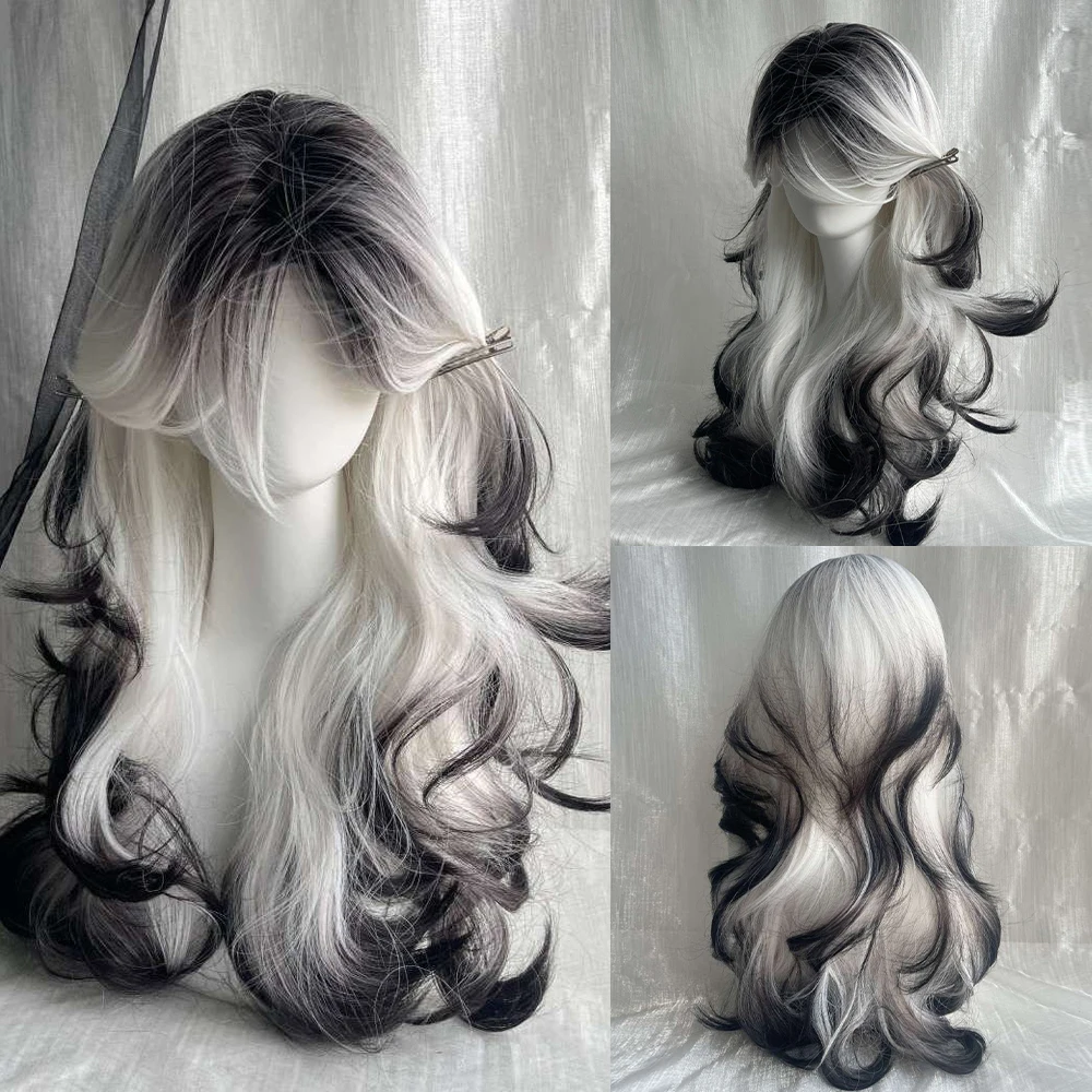 

Long Wave Synthetic Black Ombre White Wig Fluffy Women Heat Resistant Wig for Daily Party Lolita Cosplay