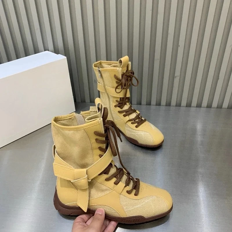 Women's 2026 New Retro Colorblock Lace-up Side Zipper Soft Sole Non-slip Skinny Booties