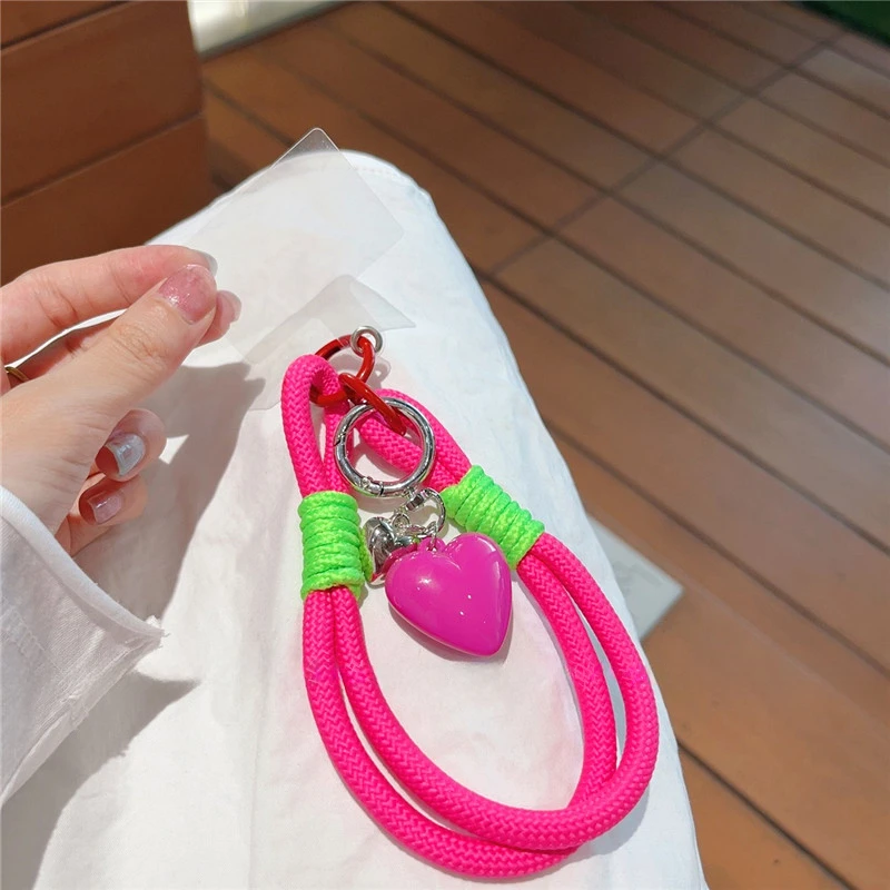 Korean Cute 3D Heart Pendant Braided Rope Phone Chain Charm Strap Cord Keychain For iPhone 16 Lanyards Bag CCD Girl Hanging Rope