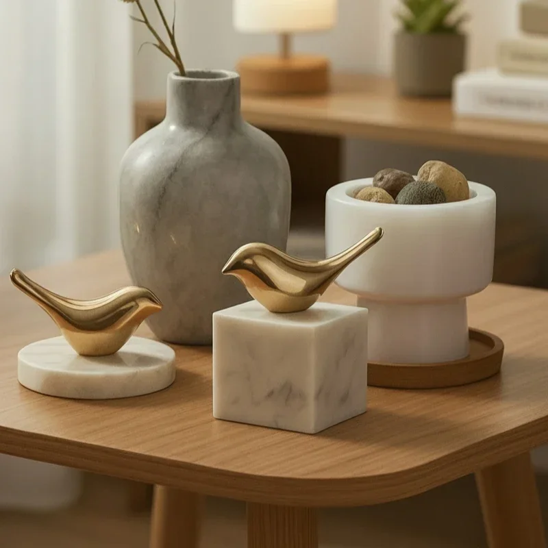 Golden Bird Ornament with Solid Stone Base Decorative Marble Figures Bedroom Living Room Home Decoration