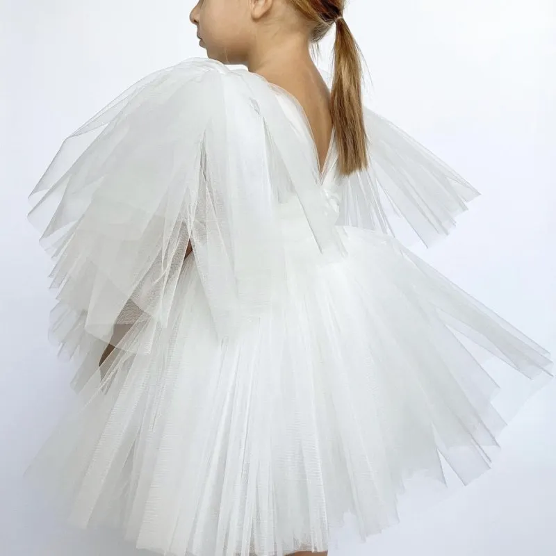 Robes de demoiselle d'honneur bouffantes avec manches bouffantes, tenue de tutu à col en V pour enfants, robe de fête d'anniversaire de mariage