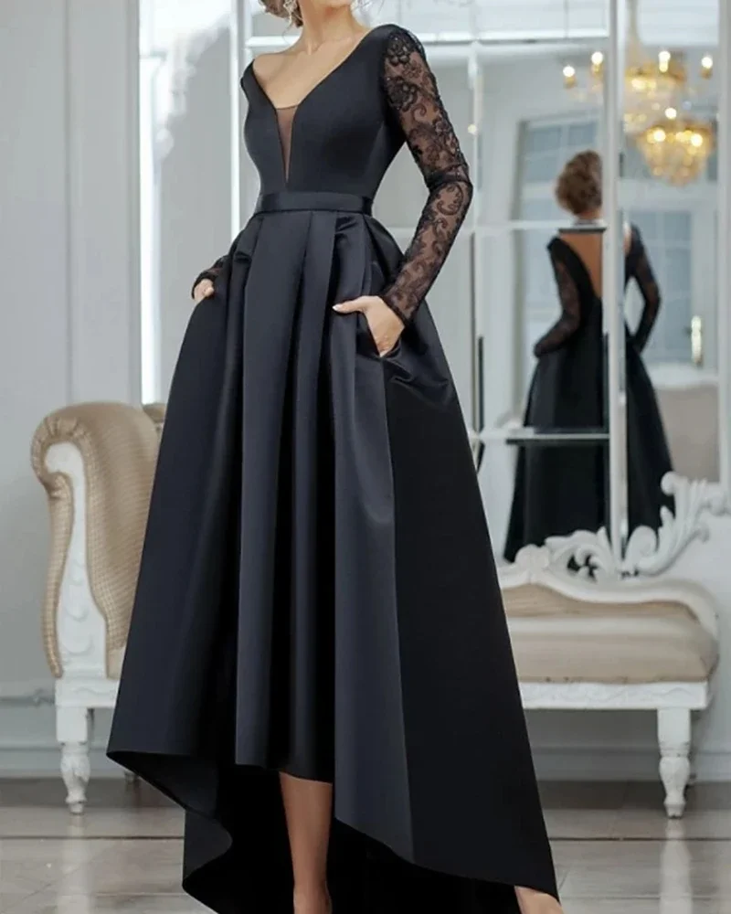 

Black V Neck Long Sleeve Evening Dress Asymmetrical Lace Satin Formal High Low Prom Party Gowns robe de soriee vestidos de noiva