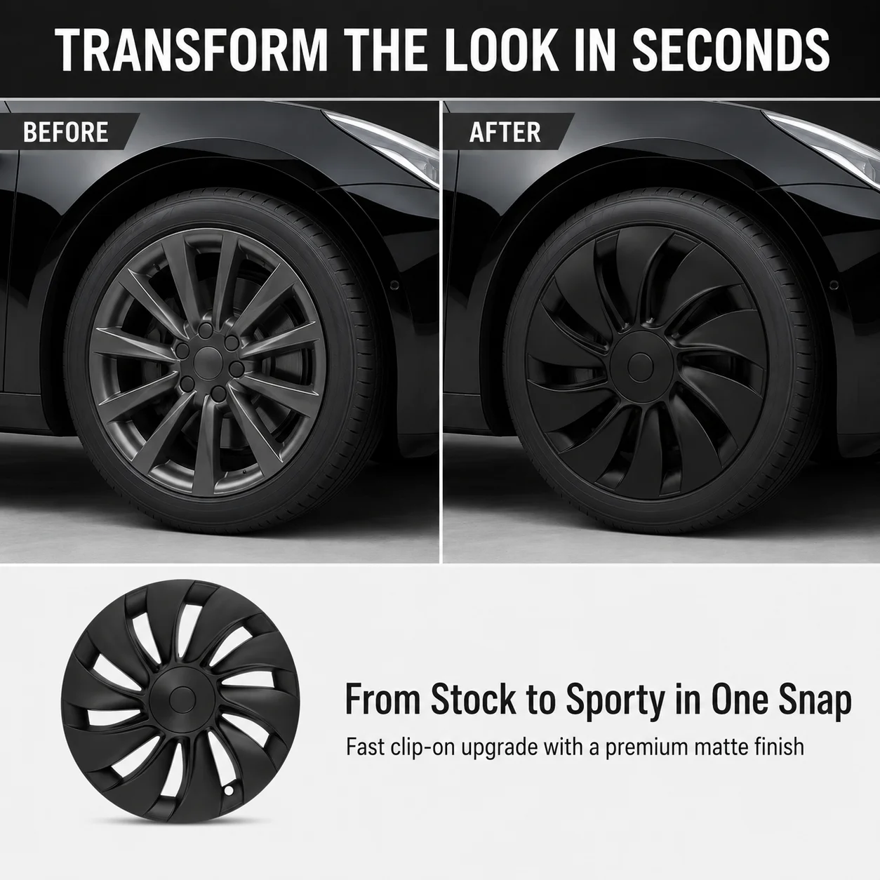 Matte Black Hubcaps For 2025-2026 Tesla Model Y Juniper 19in, Full-Coverage Wheel Covers Snap-On Rim Protectors