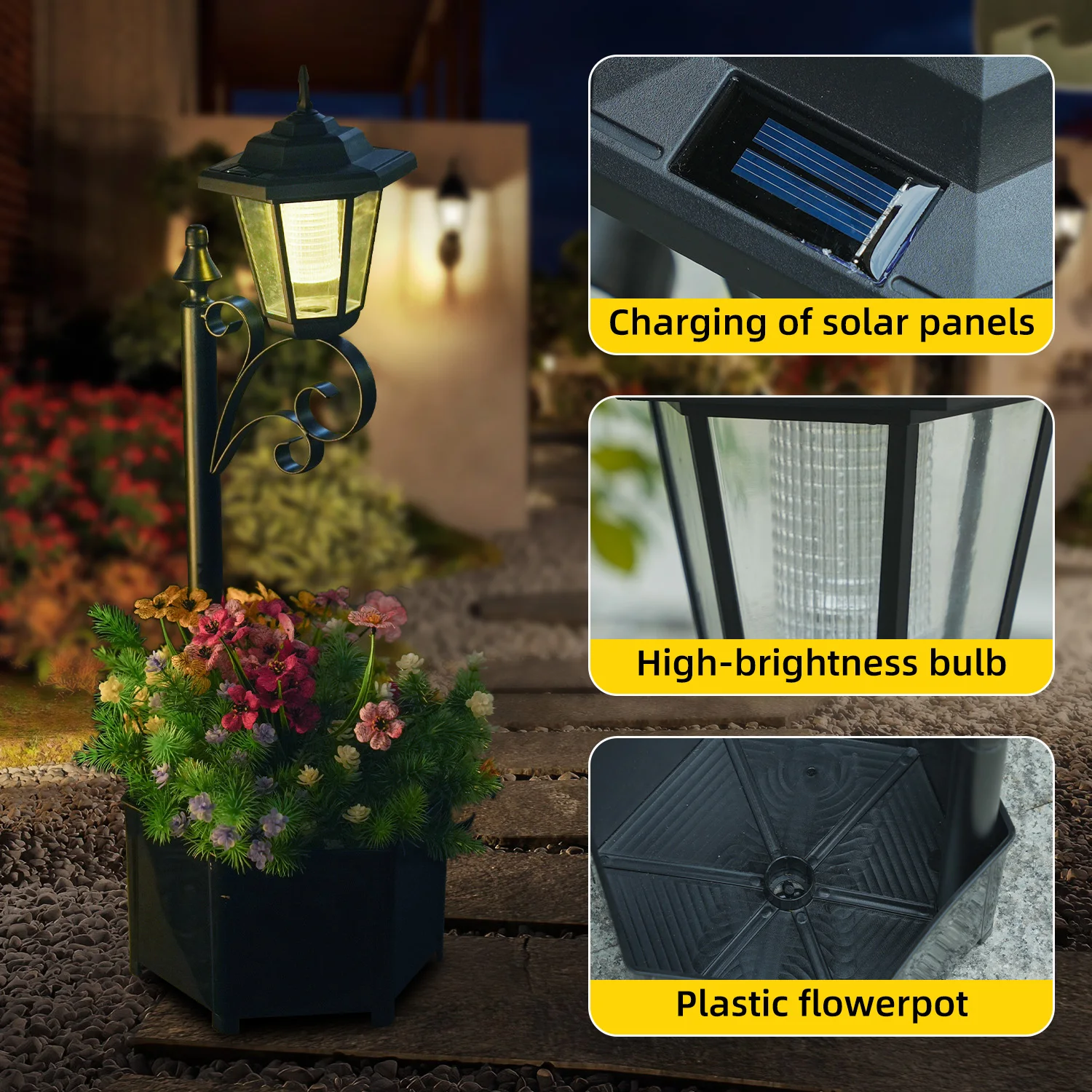 Solar Outdoor Lights Vintage Lantern with Flower Planter Box Auto On/Off IP44 LED Solar Lights for Garden Yard Patio Decor