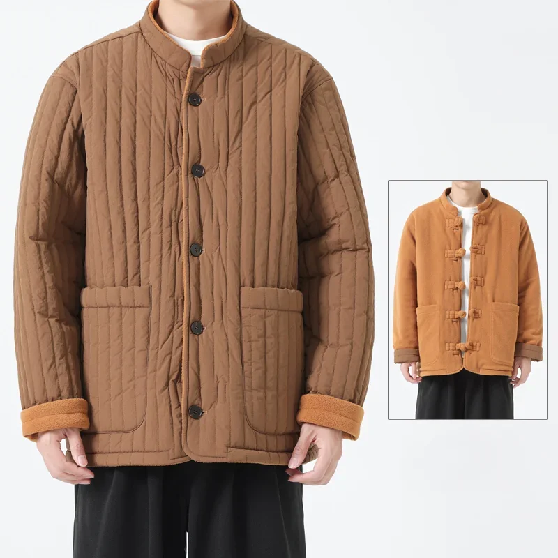 

Pop 2025 Vintage Quilted Cotton Parkas Men's Solid Color Standing Collar Coats Chinese Style Harajuku Plush Couple Jacket Wear B