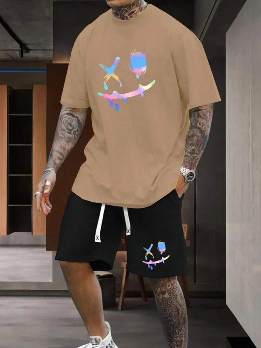 Summer men's set, fashionable smiley face print set, Hawaiian vacation casual short sleeved T-shirt, men's loose drawstring pock