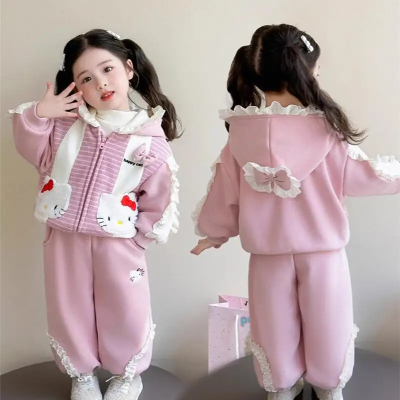 

Sanrio Hello Kitty, зимнее пальто, брюки, комплект из 2 предметов, осенняя утепленная толстовка с капюшоном для девочек, топы, детская модная повседневная одежда с героями мультфильмов Kawaii