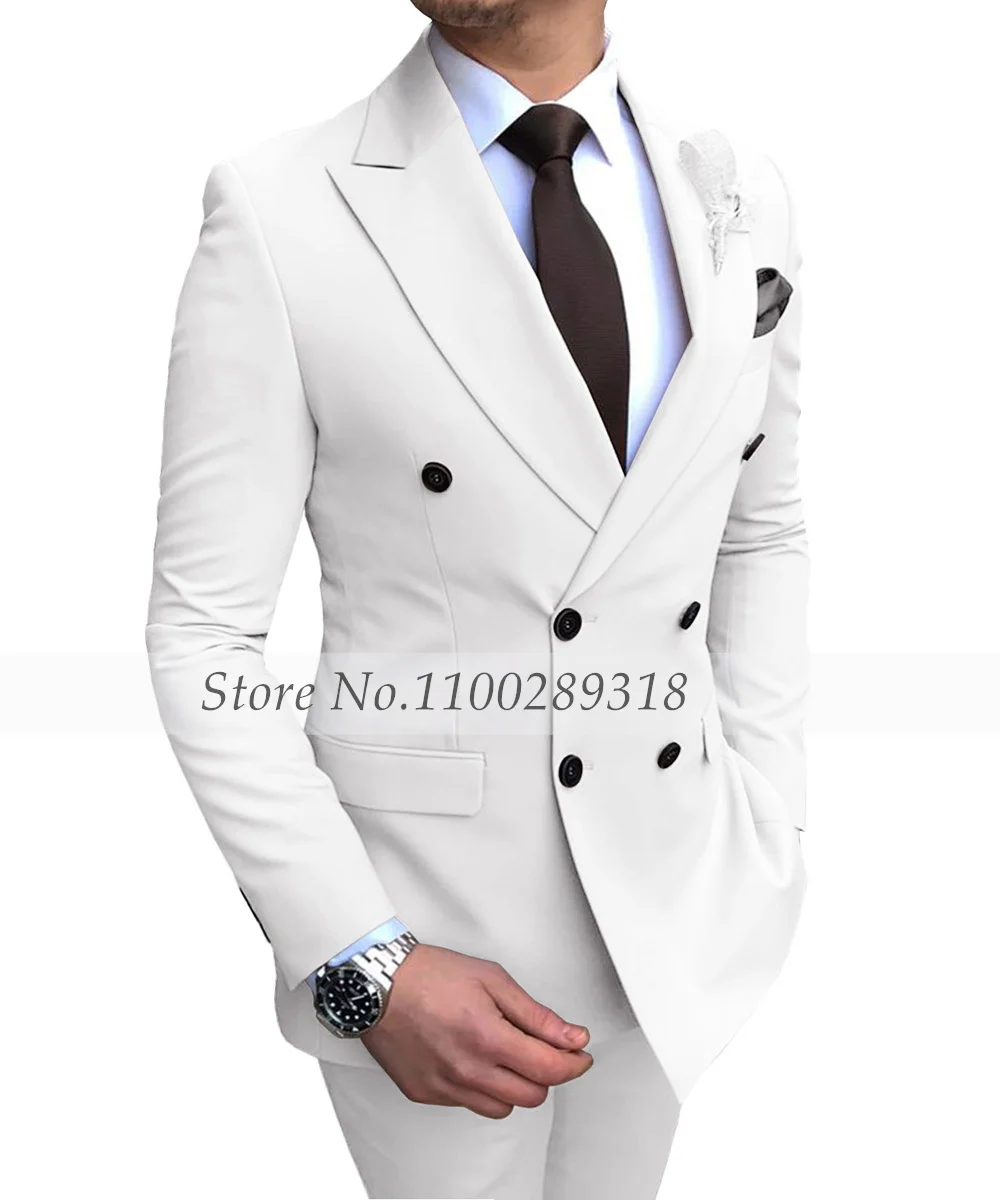 Conjunto de traje Beige con solapa de pico y doble botonadura para hombre, trajes de negocios ajustados, esmoquin para novio, traje de boda para hombre, 2 uds (Blazer + pantalones)