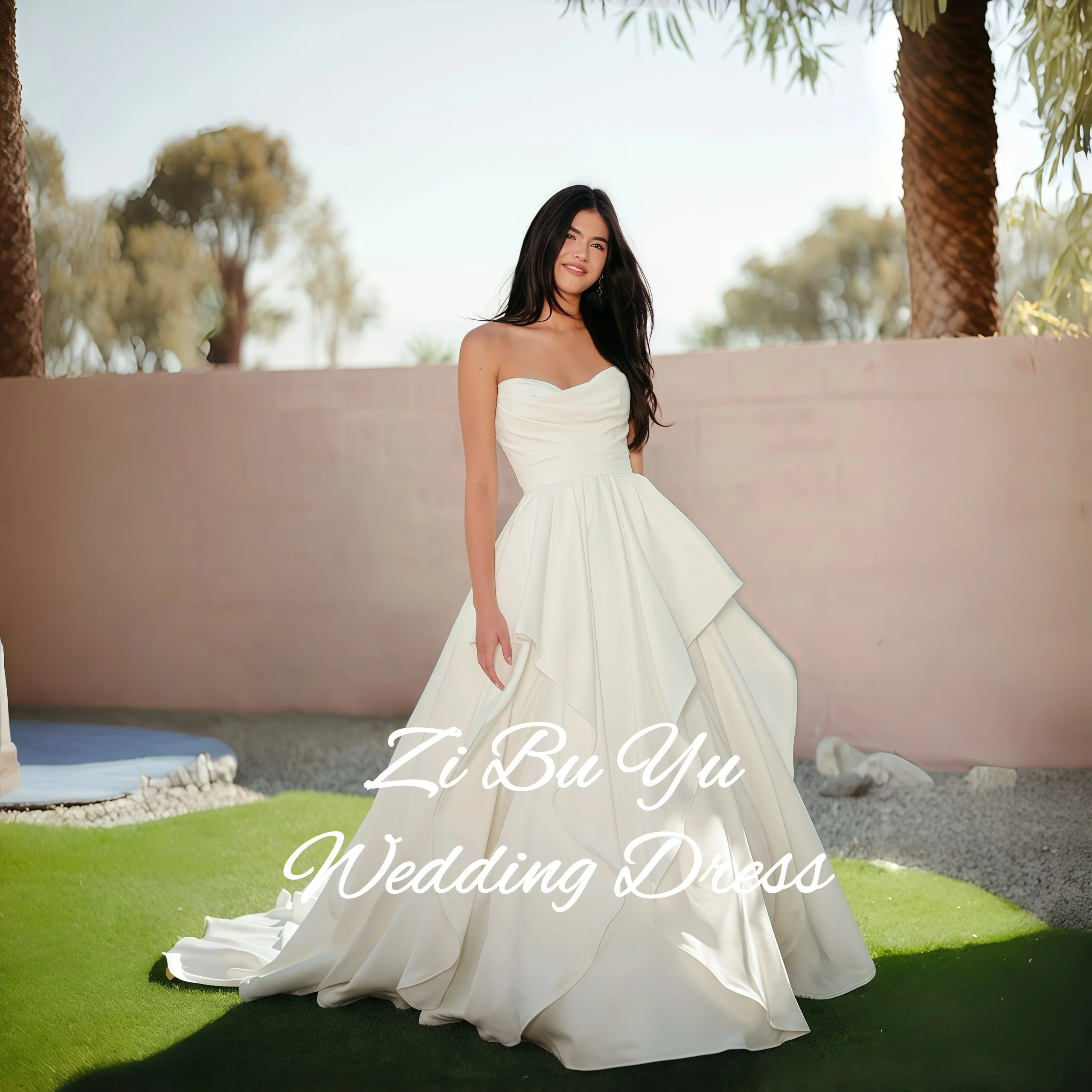 ZIBUYU Customized Elegant A-Line Wedding Dress 2026 Strapless Sweetheart Neckline Sleeveless Satin Ball Gown Train Bridal Gowns