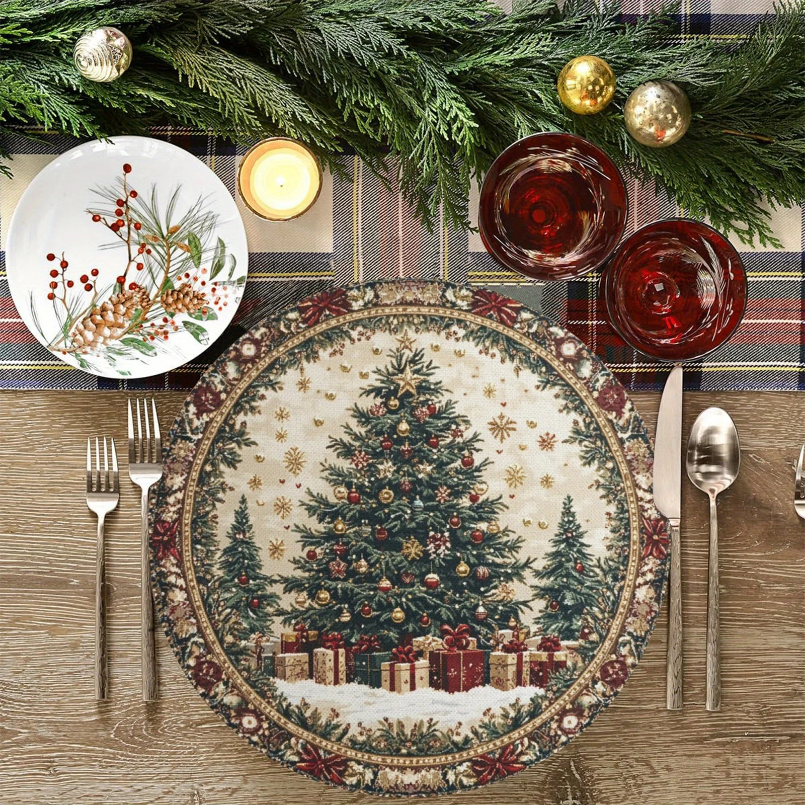 VIKAMA 4-częściowy zestaw okrągłych podkładek na stół z motywem świątecznym, dekoracje świąteczne na stół, akcesoria do dekoracji stołu na przyjęcia rodzinne i imprezy.