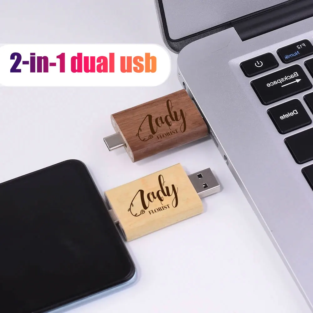 10 Buah/Lot USB 2.0 Flash Drive TYPE-C 2 In 1 Memory Stick Kayu Flashdisk 4GB 8GB 16GB 32GB 64GB 128GB Gratis Logo Hadiah Pernikahan