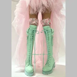 Lady mint green color design boots lace-up chunky heel pocket design PU boots causal daily party punk boots footwear size 35-46