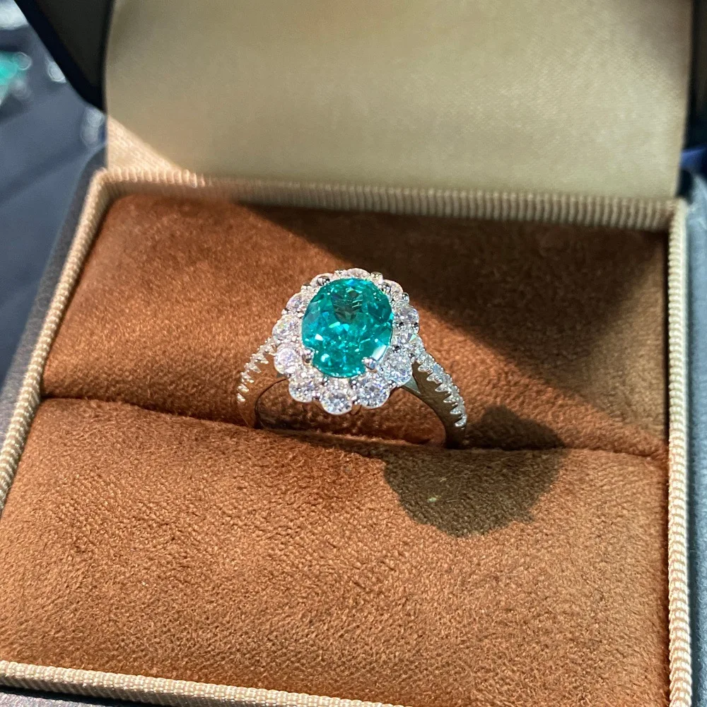 18K Real Platinum PT950 ring for women, cultivated color gem Paraiba emerald niche light luxury high-end design full of diamonds