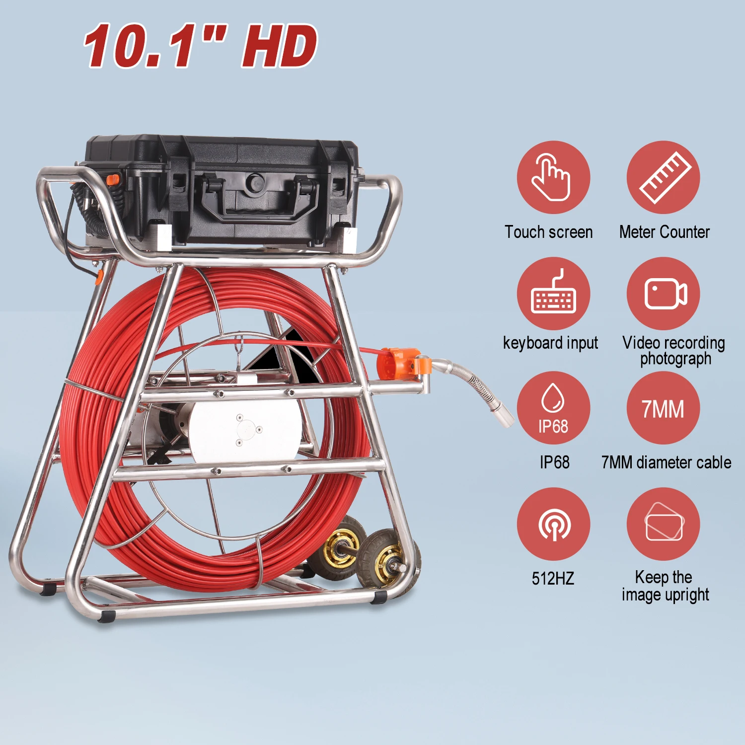 شاشة لمس 10.1 بوصة عالية الدقة 1080 بكسل، 512 هرتز Sonde كاميرا الصرف الصحي ذاتية التسوية عداد أمتار 8 جيجابايت DVR فيديو مع كاميرا أنبوب محدد الموقع