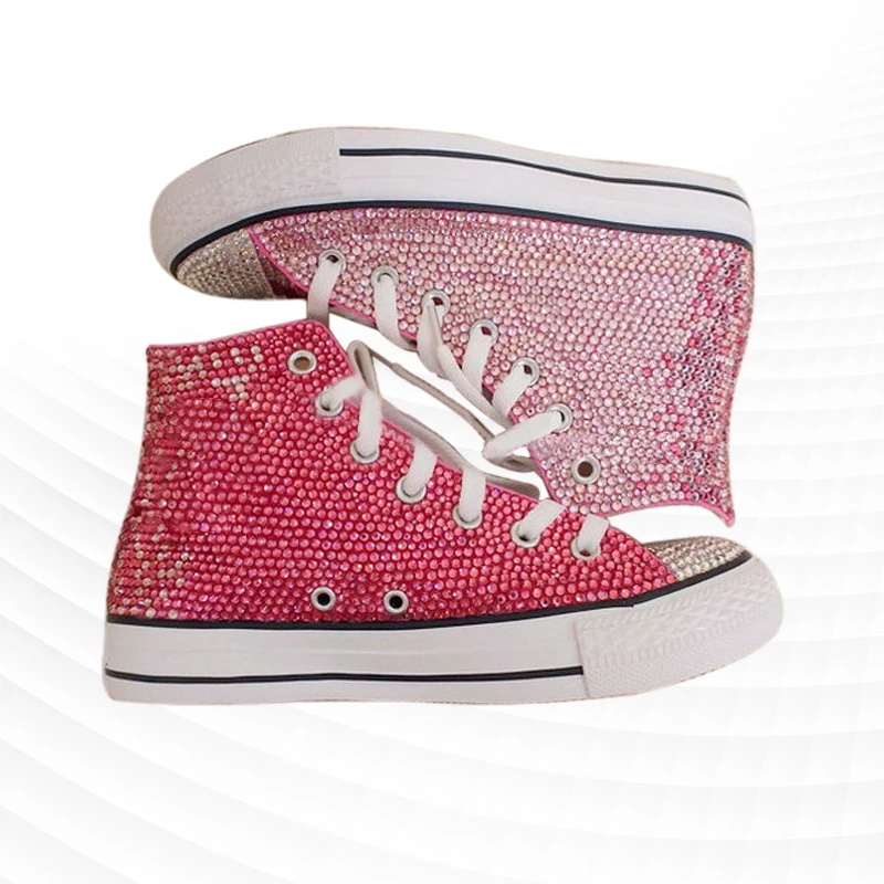 Zapatos de lona de boda de fiesta de diamantes de alta calidad rosa de industria pesada hechos a mano con cordones personalizados zapatos de mujer de gran tamaño 35-46