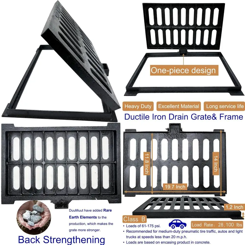 

Heavy Duty Outdoor Drain Cover, 20x12 Cast Iron Grate with Base, B Class Sewer Grate, Durable Channel Grate for Heavy Use