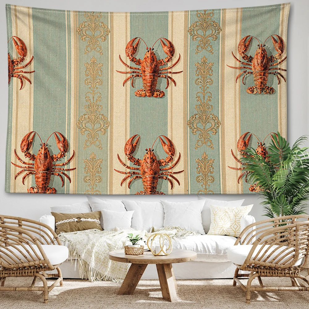 Blue White Stripe Lobster Printed Tapestry Wall Hanging Bohemian Style Bedroom Home Decor