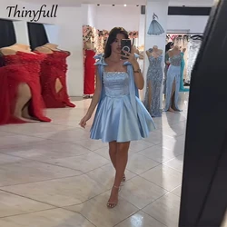 Thinyfull A-line Satin Short Prom Dresses Sleeveless Square Collar Crystal Birthday Party Gown Special Occasion Dress Customized
