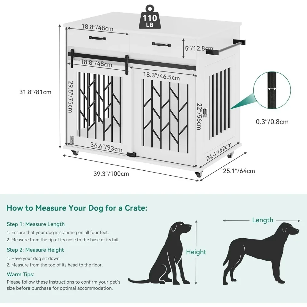 Dog Kennel, Double Pet Crate with Storage Drawers and Indoor Wooden Dog House Heavy Duty for 2 Small Medium Dogs, Dog Crate